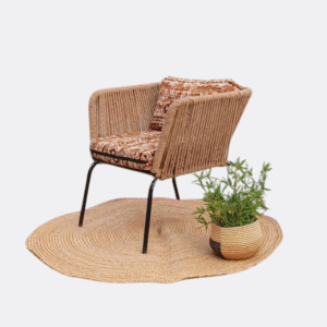 A modern steel-framed chair with rope weaving