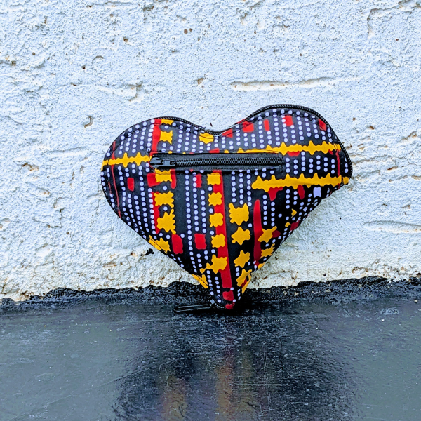 Handmade Igitenge Heart Bag - a colorful African fabric purse with a unique heart shape.