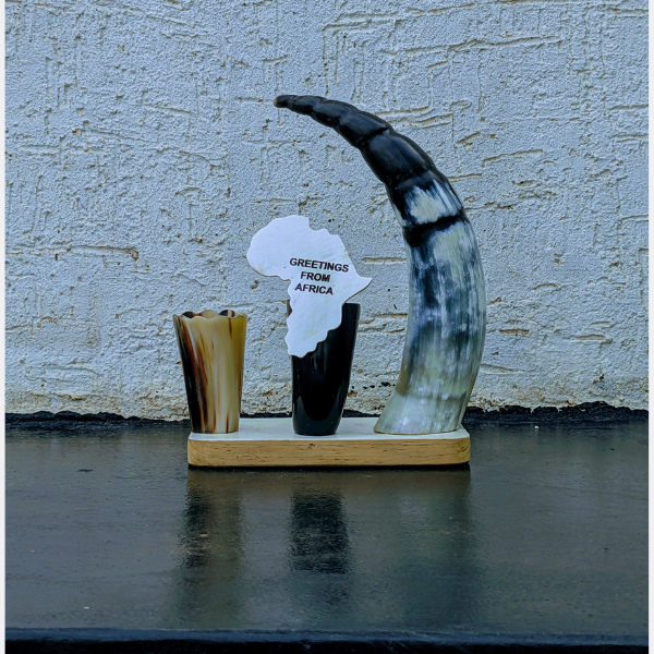 A minimalist decor object made from a natural, polished animal horn, representing traditional African craftsmanship.