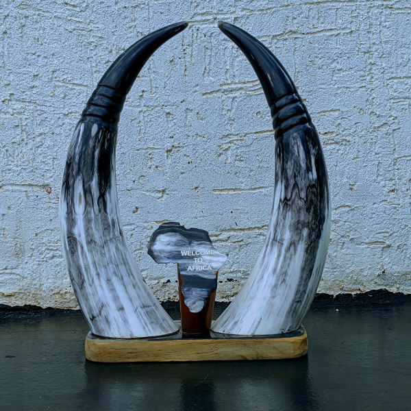 A minimalist decor object made from a natural, polished animal horn, representing traditional African craftsmanship.